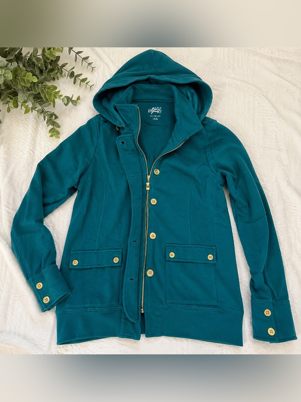 Style on Sport Peacoat-Style Hooded cotton sweater Jacket in Teal Womens xl
